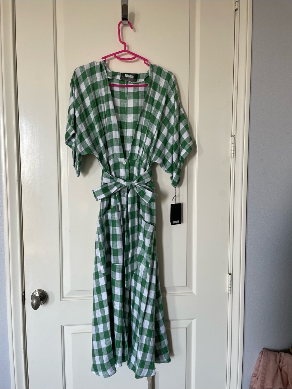 Reformation Geneva Green Gingham Tie-Waist Women's Dress